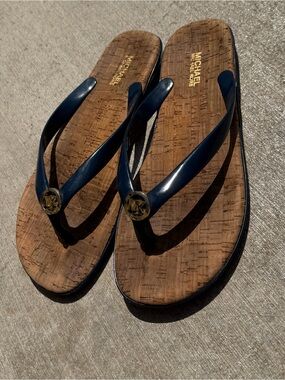 Michael Kors Navy and Cork Logo Flip Flops